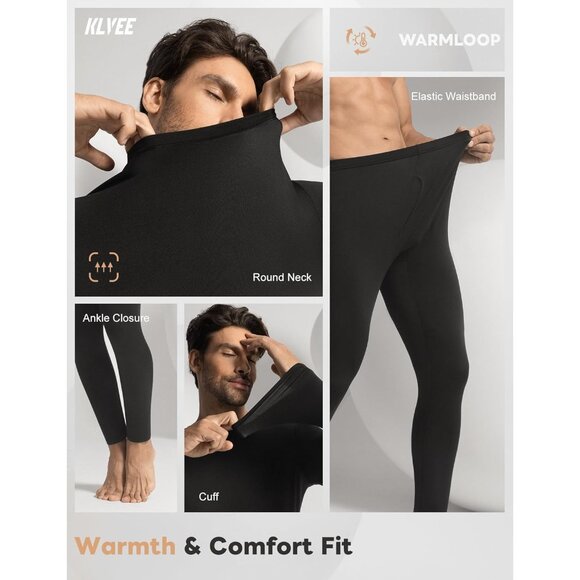 Men's Black Long Johns Imported Thermal Underwear Fleece Lined for Cold Weather - Picture 3 of 6